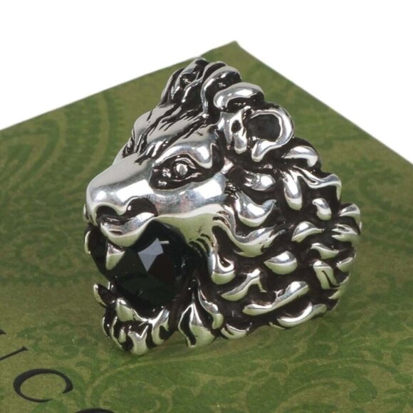 NEW Authentic Gucci Lion Head Crystal Ring In Silver & Black Sz 16 IT 7.5 US - Picture 1 of 11